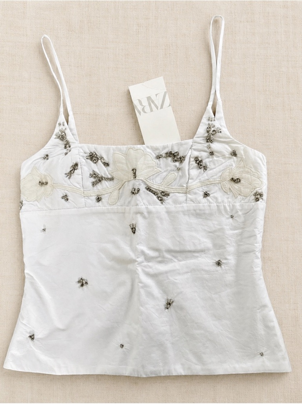 Zara White Embroidered Spaghetti-Strap Camisole Size XL